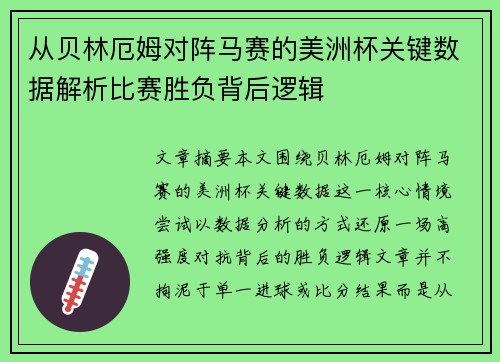 从贝林厄姆对阵马赛的美洲杯关键数据解析比赛胜负背后逻辑