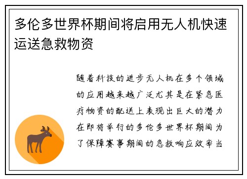 多伦多世界杯期间将启用无人机快速运送急救物资